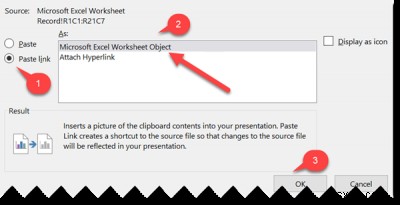 Microsoft PowerPoint에서 Excel 워크시트의 데이터 일부를 연결하는 방법 