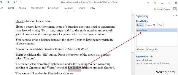 Microsoft Word의 가독성 통계 기능