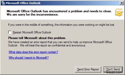 Microsoft Outlook에 문제가 발생하여 종료해야 함 