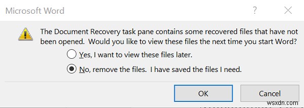 문서 복구 작업창에는 아직 열리지 않은 복구된 파일이 포함되어 있습니다. 