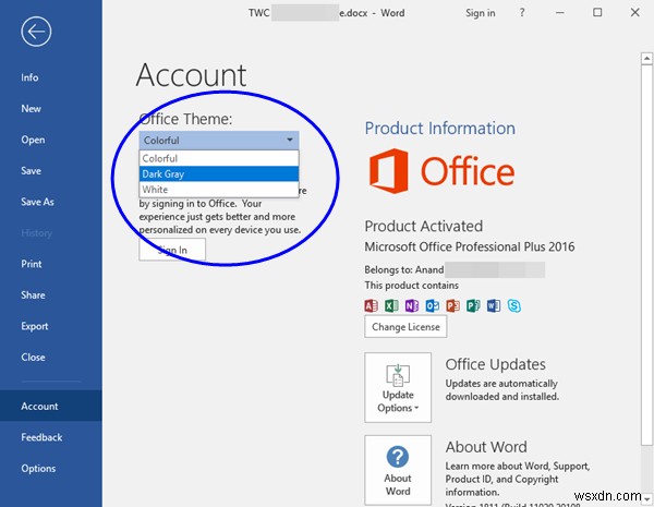 Microsoft Office에서 흰색, 회색, 다채로운 또는 검은색 테마로 전환하는 방법