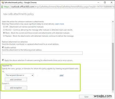 Office 365에서 ATP 안전한 첨부 파일 정책을 설정하는 방법