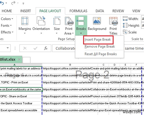 Excel 워크시트에서 페이지 나누기를 삽입, 이동 또는 삭제하는 방법