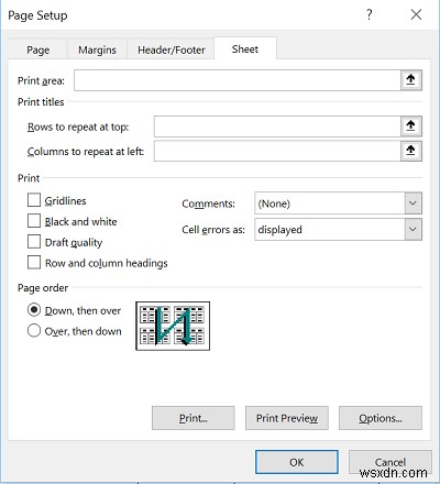 Microsoft Excel 보고서의 인쇄 제목으로 행 또는 열을 선택하는 방법