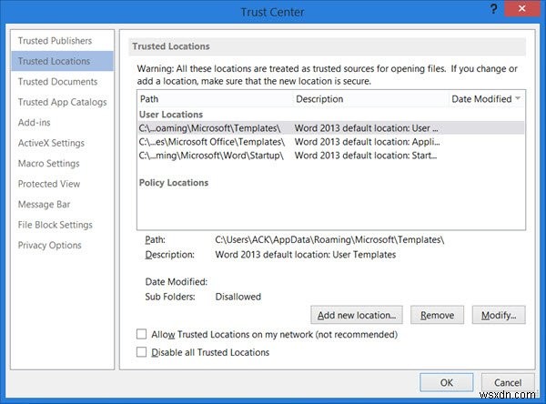 Microsoft Office에서 신뢰할 수 있는 위치 추가, 제거 또는 수정