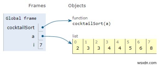 칵테일 정렬을 위한 Python 프로그램 