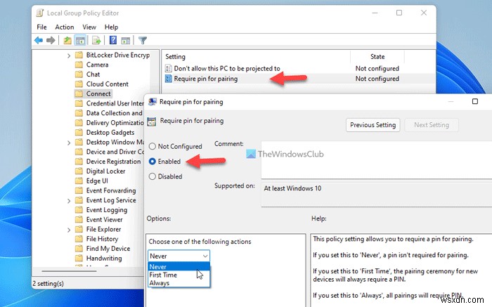 Windows에서 PC에 투사하기 위해 PIN을 요청하는 것을 허용하거나 중지합니다. 