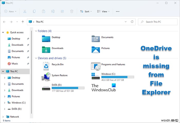 Windows 11/10의 파일 탐색기에서 OneDrive가 누락되었습니다. 