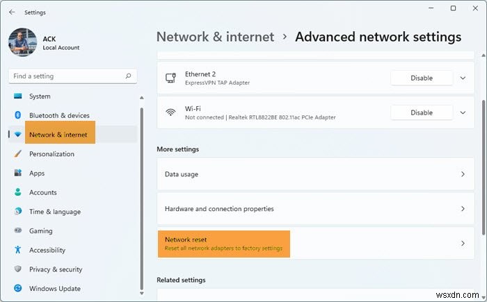 네트워크 재설정은 Windows 11/10에서 네트워크 어댑터를 다시 설치하고 네트워킹 구성 요소를 기본값으로 재설정합니다. 