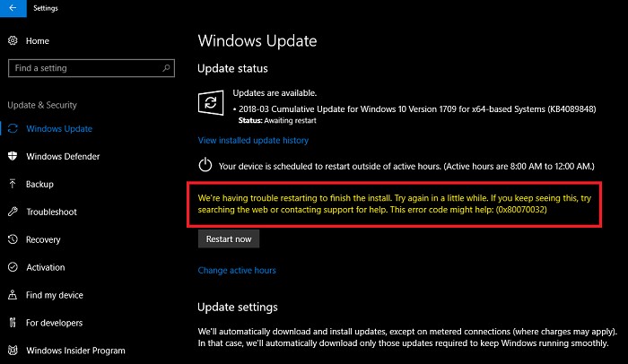 Windows 업데이트 오류 0x80070032, 설치를 완료하기 위해 다시 시작하는 데 문제가 있습니다. 