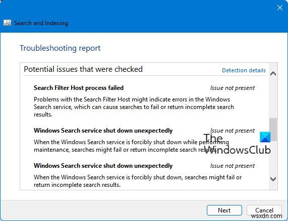 검색 및 인덱싱 문제 해결사:Windows 11/10에서 깨진 검색을 쉽게 수정 및 복구 