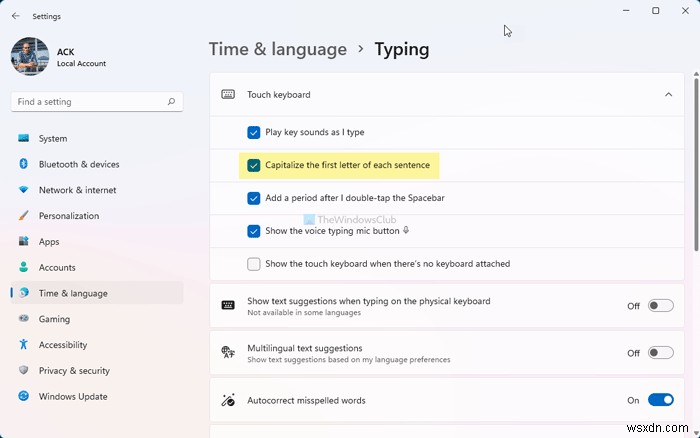 Windows 11에서 터치 키보드가 각 문장의 첫 글자를 대문자로 표시하는 것을 허용 또는 중지 
