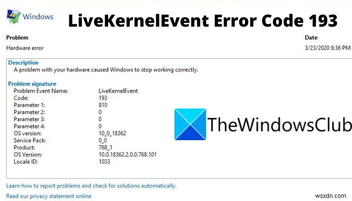 Windows 컴퓨터에서 LiveKernelEvent 오류 코드 193 수정 