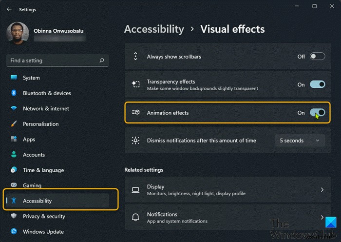 Windows 11에서 애니메이션 효과를 켜거나 끄는 방법 