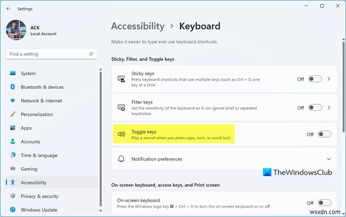 Windows 11에서 토글 키를 음소거하는 방법 