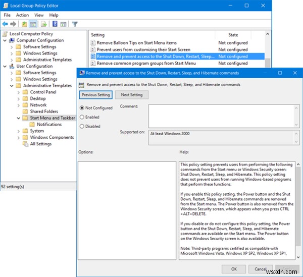 Windows 11/10의 로그인 화면, 시작 메뉴, WinX 메뉴에서 전원 또는 종료 버튼 제거 