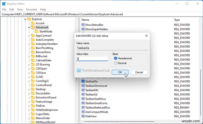 Windows 11 작업 표시줄에서 검색, 작업 보기, 채팅 또는 위젯 아이콘을 제거하는 방법 