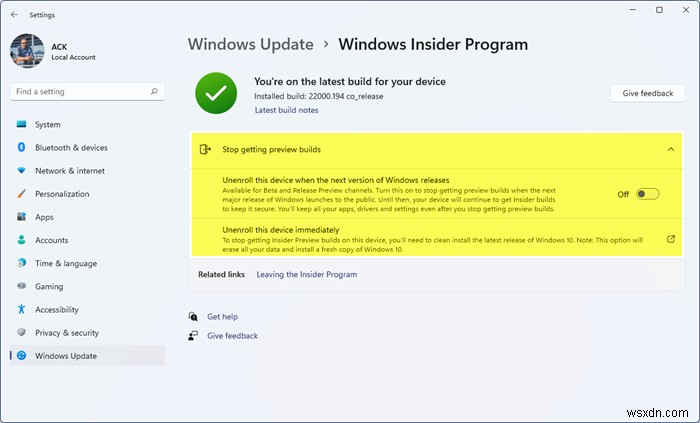 Insider Preview에서 Windows 11의 안정적인 빌드로 전환하는 방법 