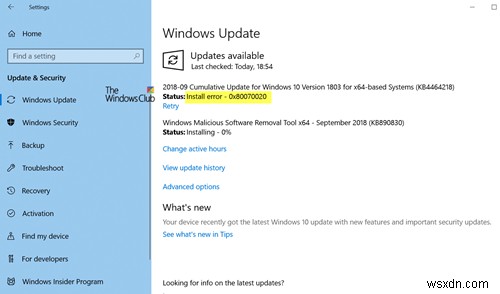 Windows 업데이트 설치 오류 0x80070020 수정 