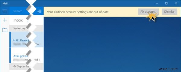 메일 또는 일정 앱에서 Outlook 계정 설정이 오래되었습니다. 
