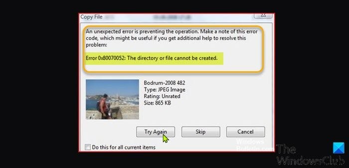 오류 0x80070052 수정, 디렉토리 또는 파일을 생성할 수 없습니다. 
