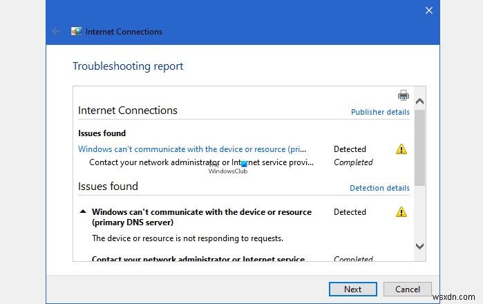 Windows가 장치 또는 리소스(주 DNS 서버)와 통신할 수 없습니다. 