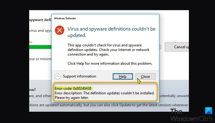 Windows Defender 오류 코드 0x80240438 수정, 정의 업데이트를 설치할 수 없습니다. 