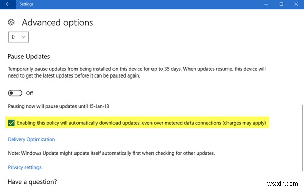 요금제 연결을 통해 Windows 업데이트가 자동으로 다운로드되도록 허용 