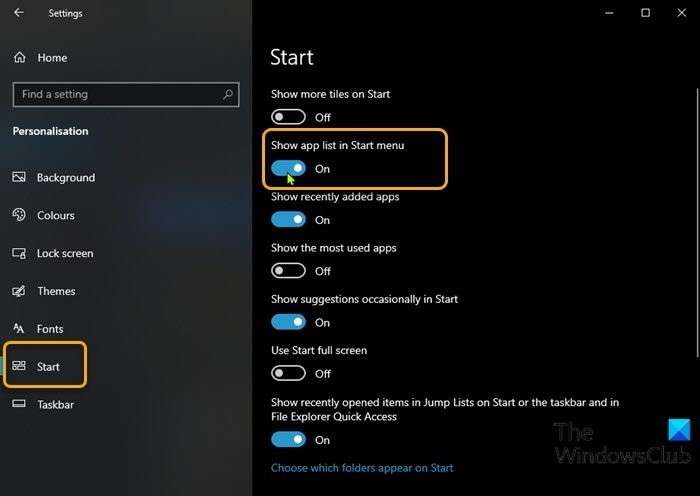 Windows 11/10의 시작 메뉴에서 모든 앱 목록을 추가하거나 제거하는 방법 