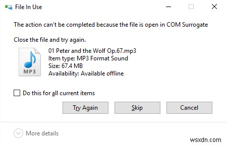 파일이 COM Surrogate에서 열려 있으므로 작업을 완료할 수 없습니다. 