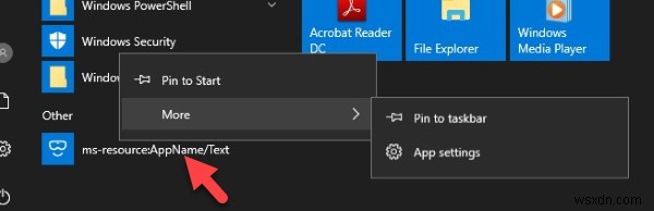 Windows 시작 메뉴에서 ms-resource:AppName/Text 항목 삭제 