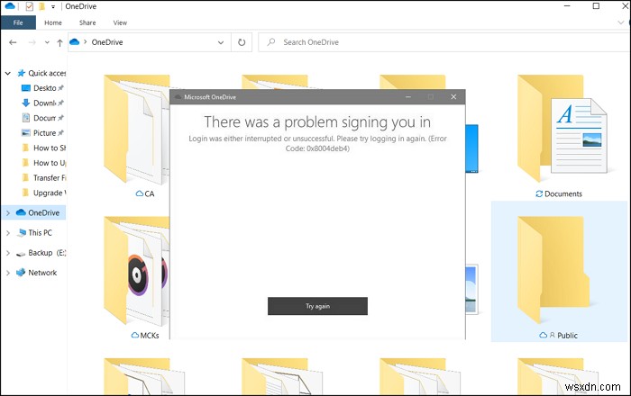 OneDrive 로그인이 중단되었거나 실패했습니다. 오류 0x8004deb4 