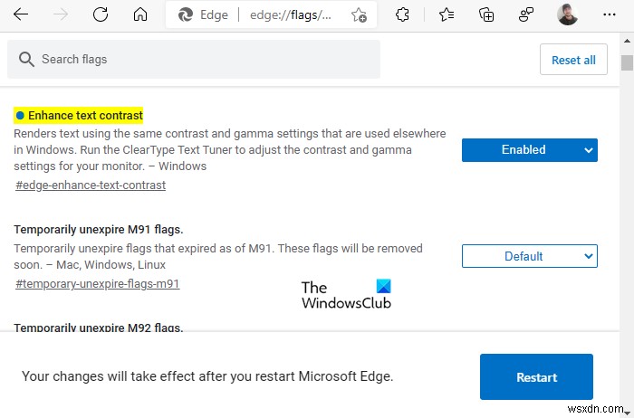 Microsoft Edge에서 글꼴 렌더링을 개선하기 위해 텍스트 대비 향상 