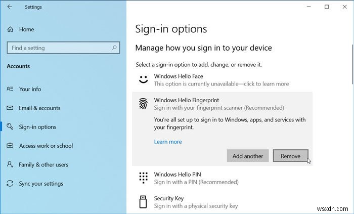 Windows 11/10의 Windows Hello에서 지문을 제거하는 방법 