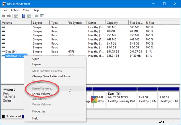 Windows 11/10에서 볼륨 확장 옵션이 회색으로 표시되거나 비활성화됨 