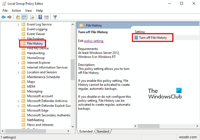 REGEDIT 또는 GPEDIT를 사용하여 Windows 10에서 파일 기록 백업을 비활성화하는 방법 