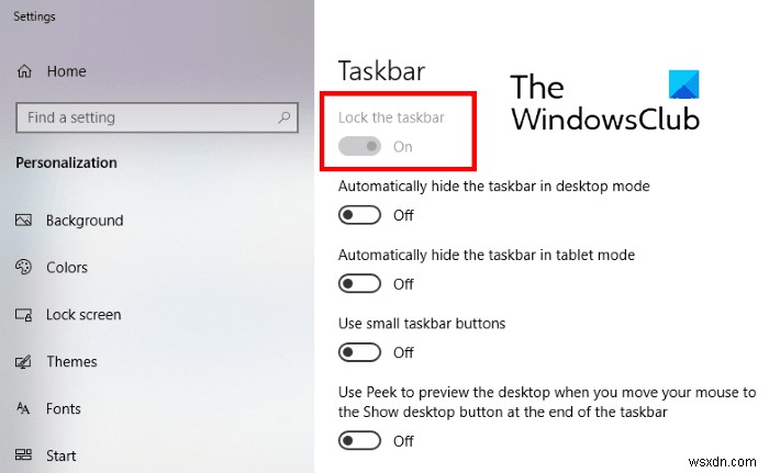 Windows 10 설정에서 작업 표시줄 잠금 옵션을 비활성화하는 방법 