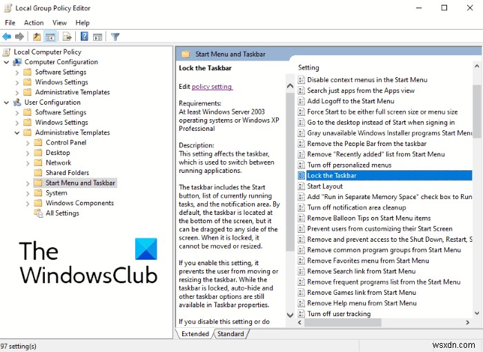 Windows 10 설정에서 작업 표시줄 잠금 옵션을 비활성화하는 방법 