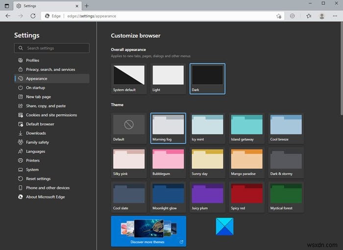 Microsoft Edge 브라우저 테마, 배경 및 모양을 변경하는 방법 