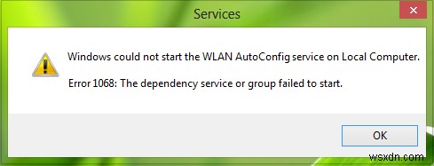 Windows에서 WLAN AutoConfig 서비스를 시작할 수 없습니다. 오류 1068 