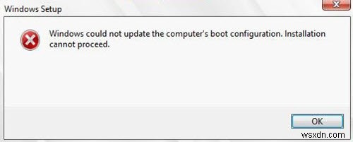 Windows에서 컴퓨터의 부팅 구성을 업데이트할 수 없습니다. 설치를 진행할 수 없습니다 