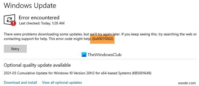 Windows 업데이트 오류 코드 0x80070002 수정 