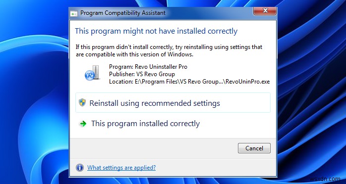 이 프로그램은 Windows에 올바르게 설치되지 않았을 수 있습니다. 