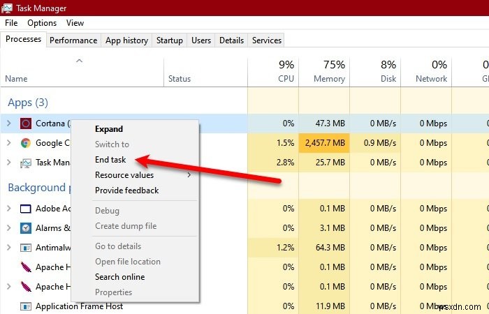 Windows 10에서 Cortana를 닫을 수 없음 