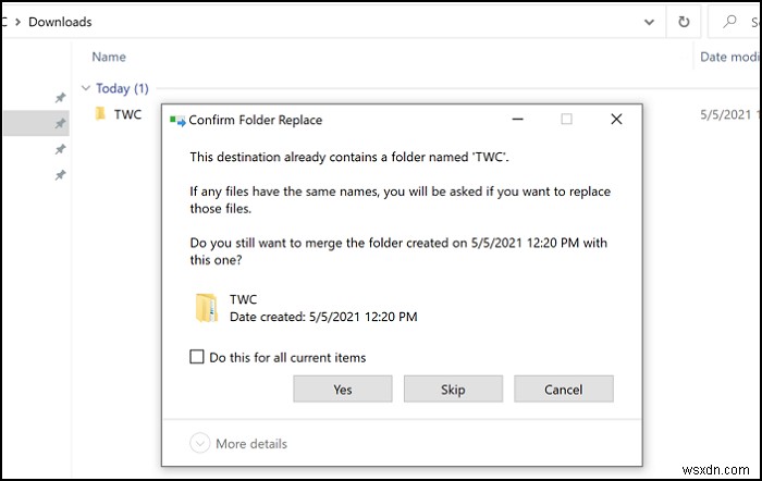 Windows 10에서 파일 및 폴더를 복사하거나 이동할 때 중복 경고 없음 