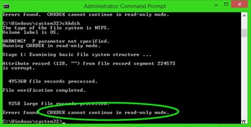 CHKDSK는 읽기 전용 모드에서 계속할 수 없습니다. 