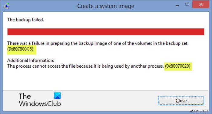 시스템 이미지 백업이 오류 코드 0x807800C5, 0x80070020으로 실패함 
