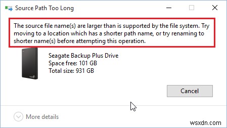 소스 파일 이름이 파일 시스템에서 지원하는 것보다 큽니다. 