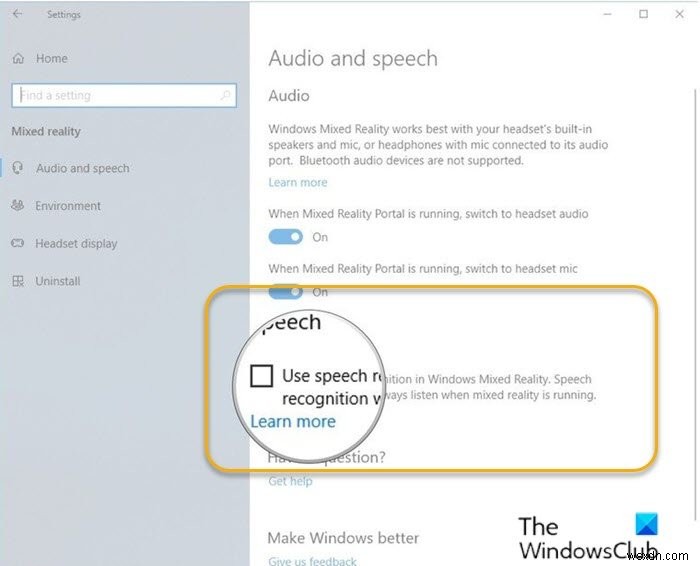 Windows 10의 Windows Mixed Reality에서 음성 인식 사용을 켜거나 끄는 방법 