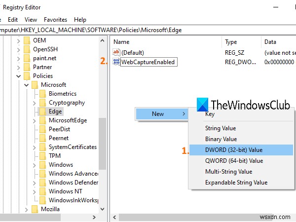 Windows 10에서 레지스트리를 사용하여 Microsoft Edge에서 웹 캡처 비활성화 